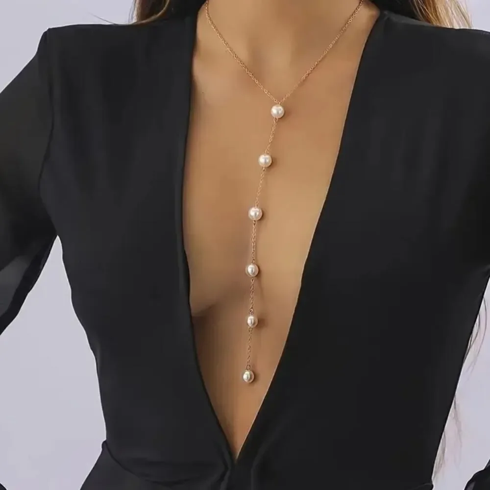 Pearl Y Shaped Necklace Long Pendant Dainty Pearl Drop Silvery or Golden Chain - Picture 13 of 13